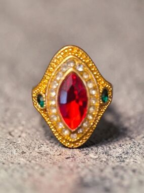 Gold Plated Red Marquise Gemstone Ring Statement Ring Green Accent Stones Size 7